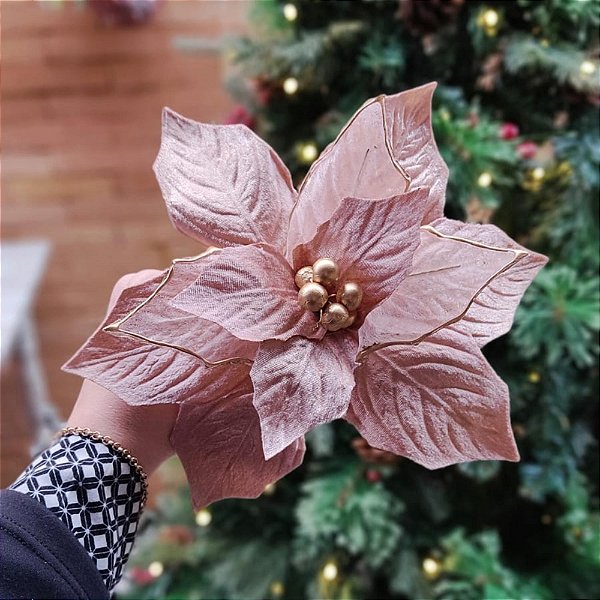 Flor de Natal Poinsetia Rose Gold Aveludada 50cm - Daluel