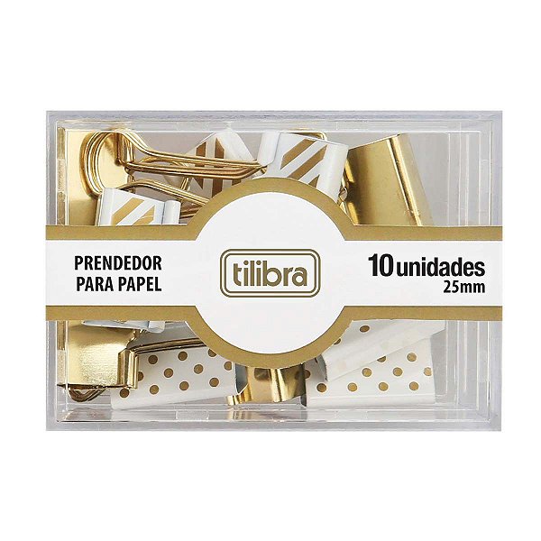 Prendedor de Papel Dourado, Listras e Bolinhas 25mm Tilibra COM  10 unidades