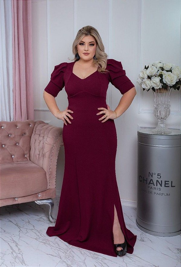 Vestido Longo Marsala com Fenda em Crepe de Malha