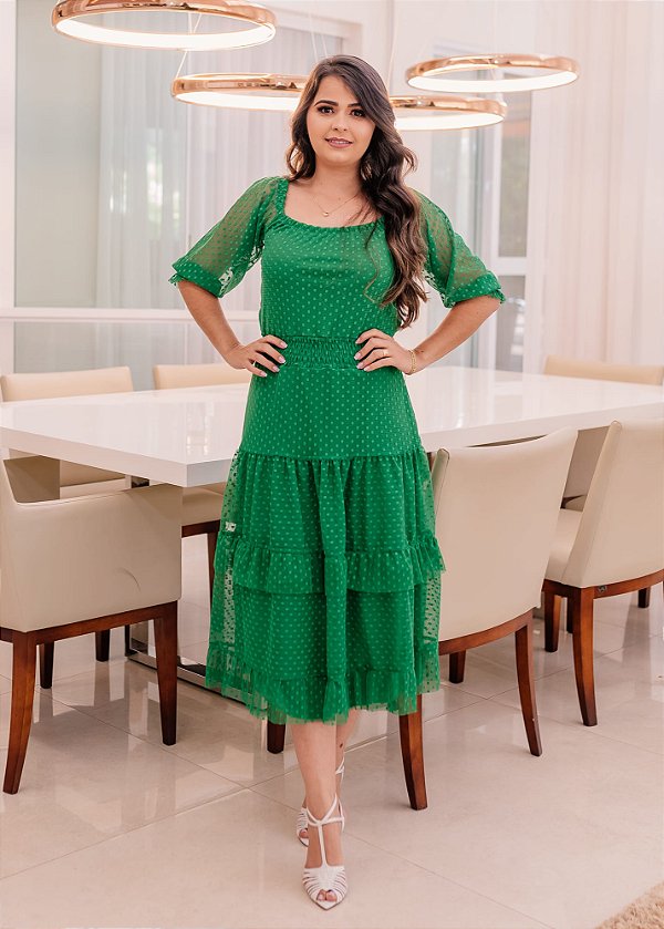 Vestido Midi Evasê Verde Forrado em Tule Poá