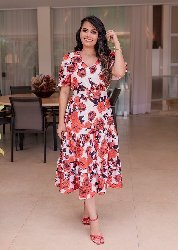 Vestido Midi Evasê Vermelho e Branco Floral em Crepe Twill