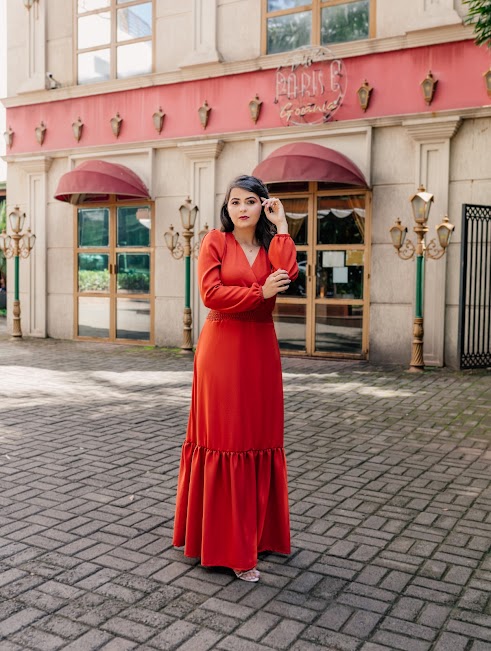 Vestido Longo com Mangas Compridas Terracota em Mousson