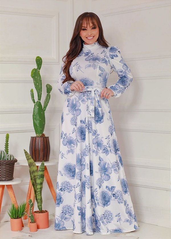 Vestido Longo Azul e Branco Floral em Suplex Soft