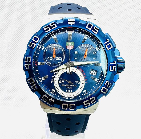 Relógio masculino linha Premium modelo Tag Fórmula 1 Ice Blue New Automático Pulseira de Borracha a prova d’água 40m