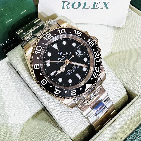 Relógio masculino linha Premium Modelo Gmt-Master II Rootbeer automático Pulseira de Aço oyster 904l a prova d’água 40m