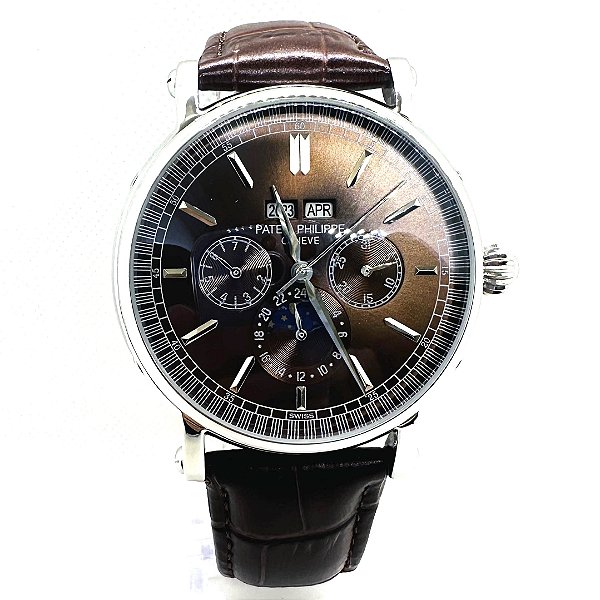 Relógio masculino linha Premium modelo Patek Complications automatico Pulseira de couro a prova d’água 40m