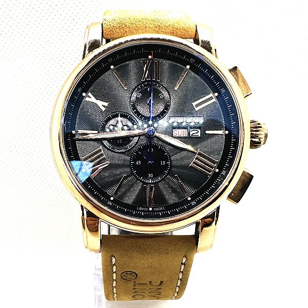 Relógio masculino linha Premium Roma Pulseira de couro a prova d’água 40m