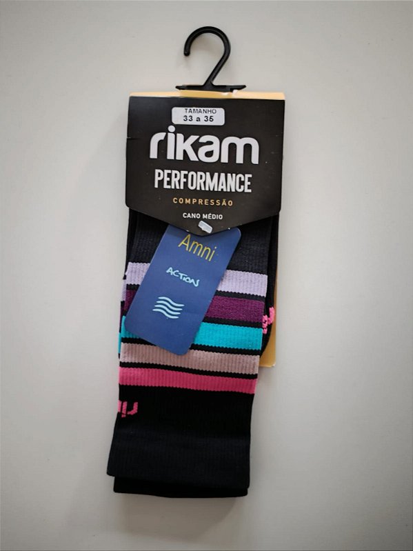 Meia RIKAM Compressão Feminina Cano Alto Poliamida Listrada Preto 3335