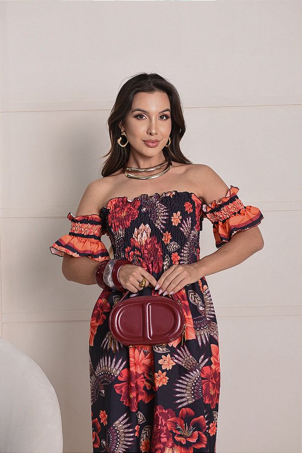 Vestido feminino longo floral brasilidade moda inspiração Farm ombro a ombro