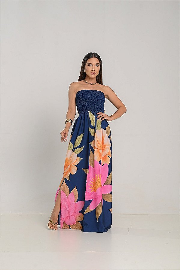 Vestido Feminino Longo Tomara que Caia Lara Floral Fenda Lateral