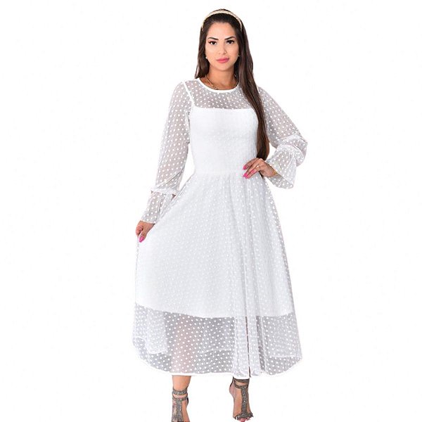 Vestido Julie Tule Branco Bolinhas Longuete