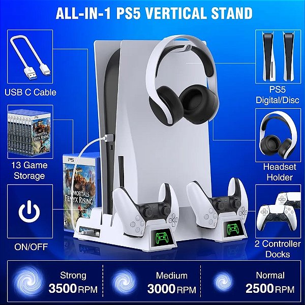 Suporte PS5 Series Carregamento e Cooler de Exaustão Porta Jogos