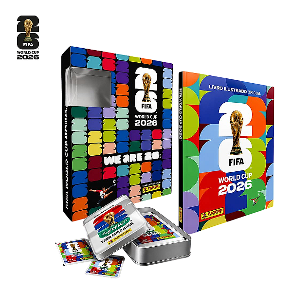 Box Álbum de Figurinhas Copa do Mundo 2026 Capa Dura Com Lata 30 Pacotinhos Figurinhas Panini