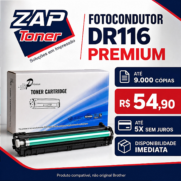 Fotocondutor DR116 Premium Compatível Brother HL-L1222, HL-L1232W e DCP-L1632W — Rendimento de 9.000 Cópias