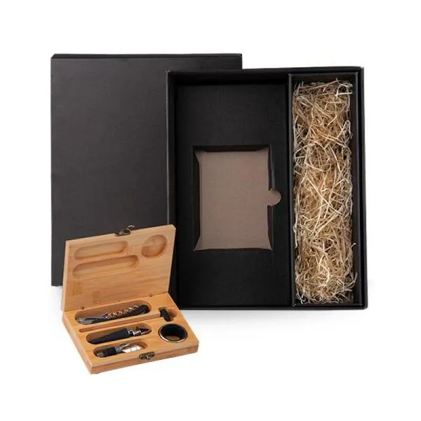 Acessórios Para Vinho Com Estojo Em Bambu E Espaço Para Garrafa- 6 Pçs