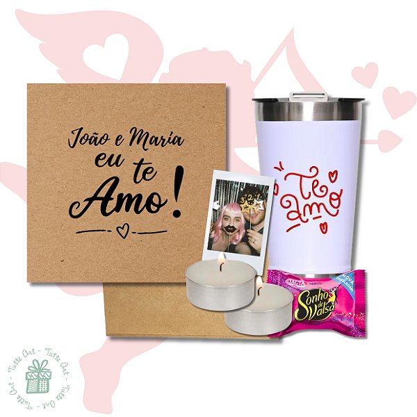 Kit Presente Dia dos Namorados com Copo Térmico, Polaroides e Caixa MDF Personalizada