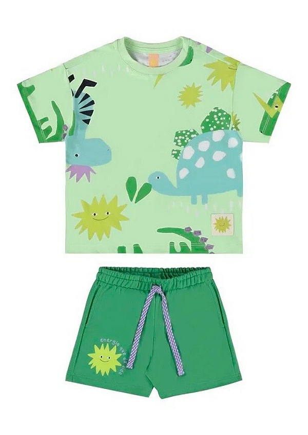 Conjunto Infantil Masculino com Camiseta Estampa Dinossauros e Bermuda em Moletinho Verde Três e Já