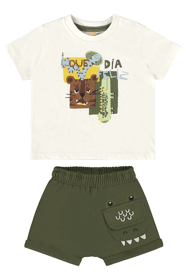 Conjunto para Bebê Menino com Camiseta de Tigre e Short em Linho Três e Já