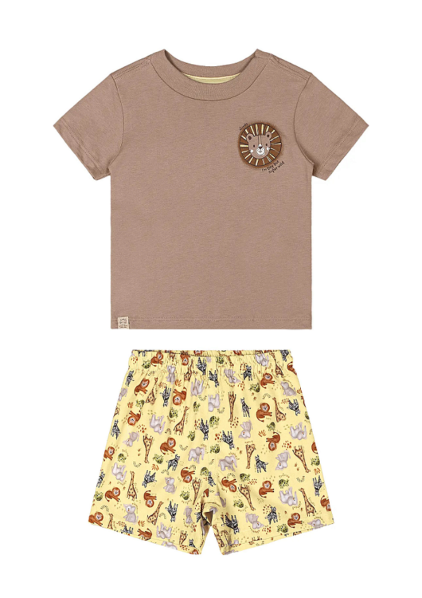 Conjunto de Camiseta Manga Curta Masculina em Malha e Bermuda em Mirofibra Estampa Leãozinho Quimby