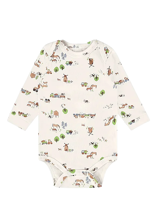 Body Manga Longa em Suedine Estampa Fazendinha para Bebê Menino Up Baby