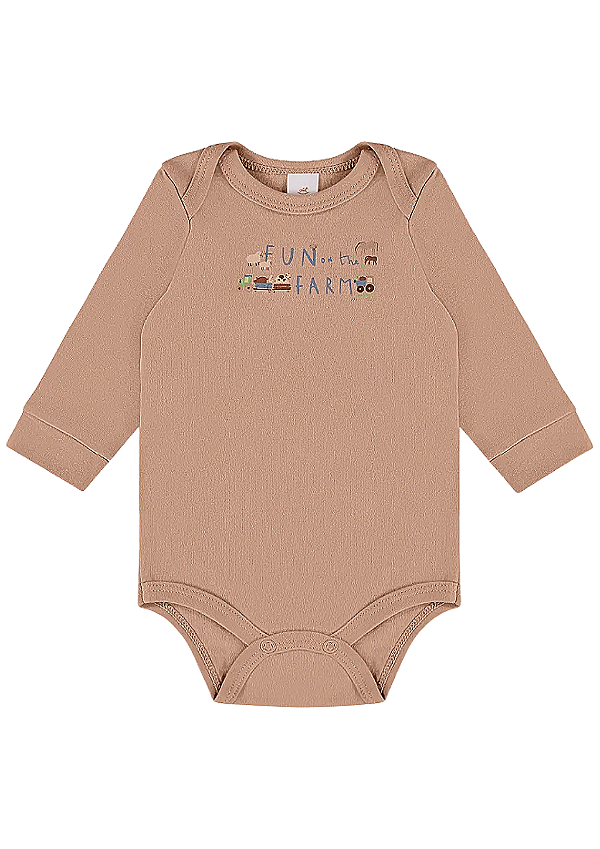 Body Manga Longa em Suedine Marrom com Estampa Fazendinha Up Baby