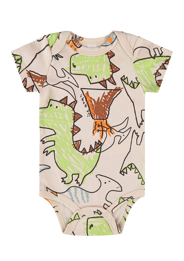 Body em Suedine Manga Curta Estampa Dinossauros Bege Up Baby