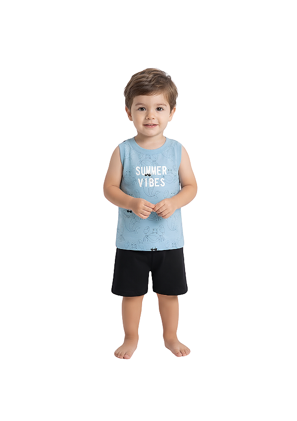 Conjunto Infantil Masculino com Regata em Meia Malha Azul e Bermuda em Moletinho TMX