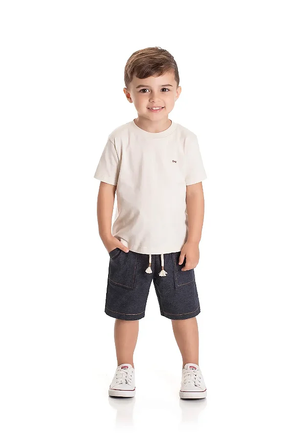 Conjunto Infantil Masculino com Camiseta Marfim e Bermuda em Sarja Tipo Jeans TMX