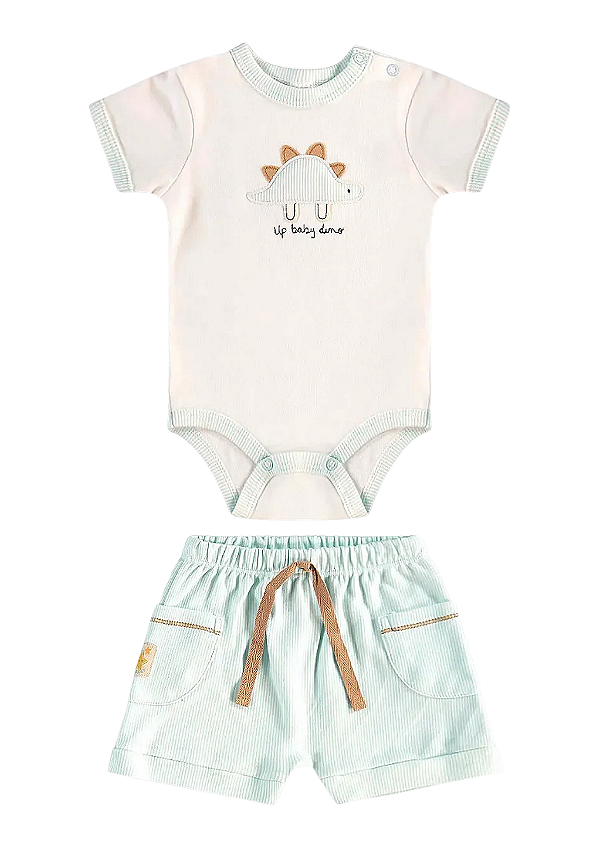 Conjunto para Bebê Masculino com Body Manga Curta Branco com Dinossauro e Short Listrado Azul e Branco Up Baby