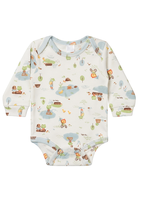 Body Manga Longa para Bebê Masculino em Suedine Estampado com Bichinhos na Lagoa Up Baby