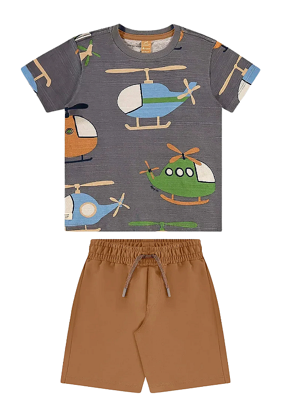 Conjunto Infantil Masculino com Camiseta Meia Malha Estampada com Helicópteros e Bermuda Marrom em Moletinho Up Baby