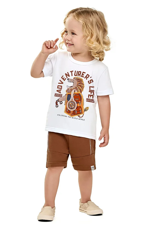 Conjunto Infantil Masculino com Camiseta Branca Estampada com Leão e Bermuda em Moletinho Marrom Elian