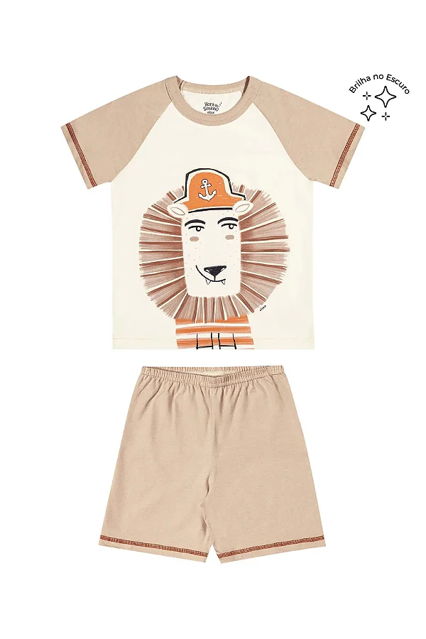 Conjunto Pijama Infantil para Meninos com Camiseta Estampada com Leão e Short Bege Elian