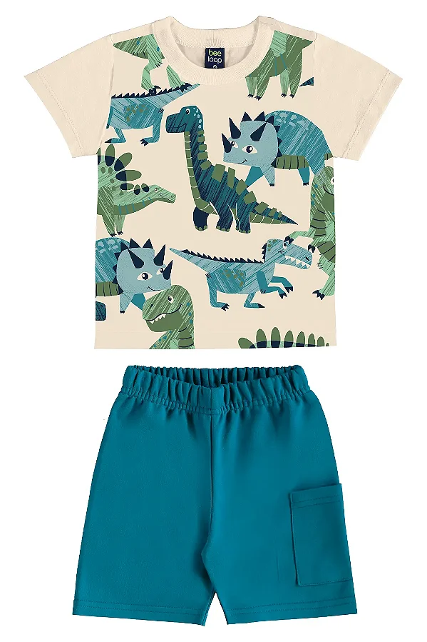 Conjunto Infantil Masculino com Camiseta Dinossauro e Bermuda de Moletinho Azul Bee Loop