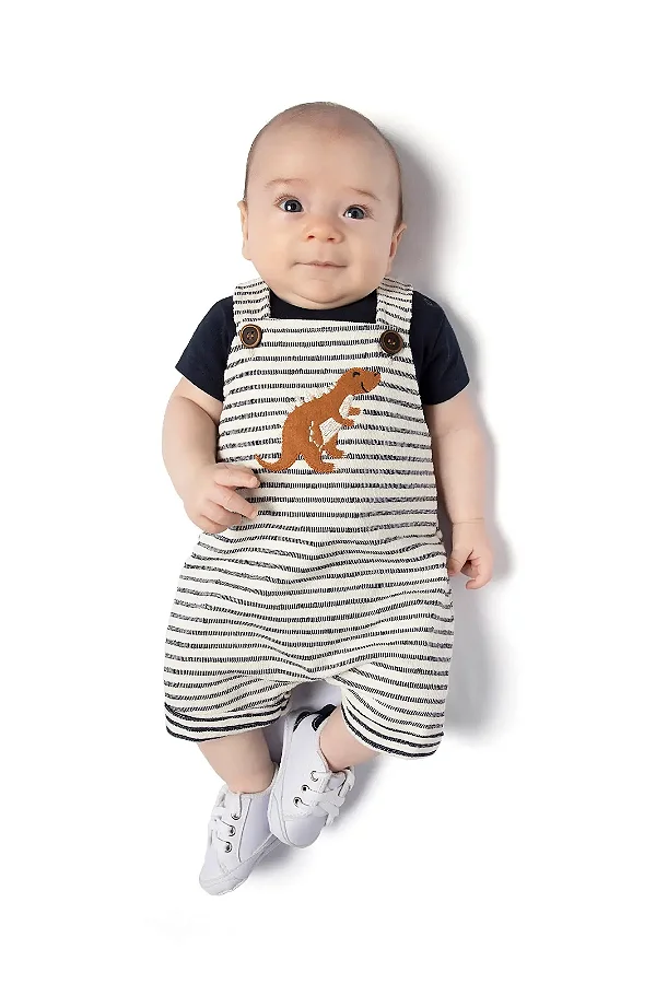 Conjunto para Bebê Menino com Jardineira Listada e Body Azul Marinho TMX