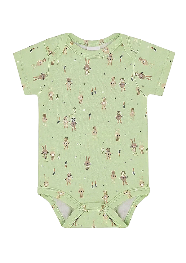 Body para Bebê Manga Curta Verde em Suedine Estampada com Coelhinhos Up Baby