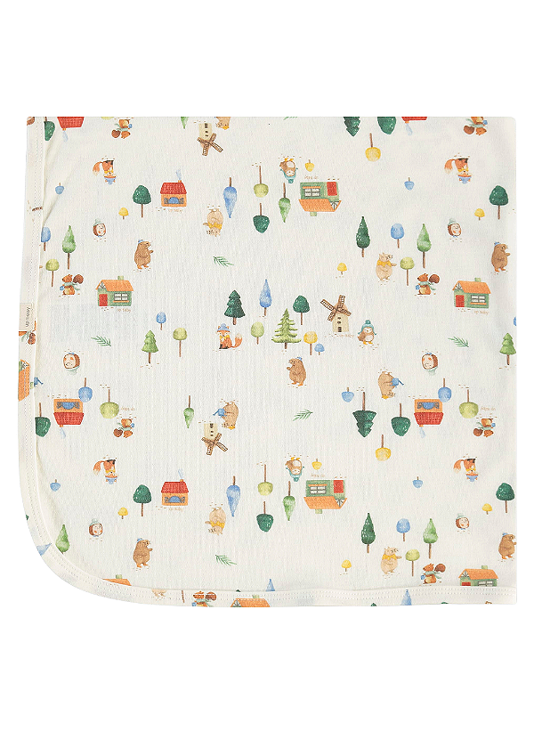 Manta para Bebê em Suedine Offwhite com Estampa de Bichinhos na Floresta Up Baby