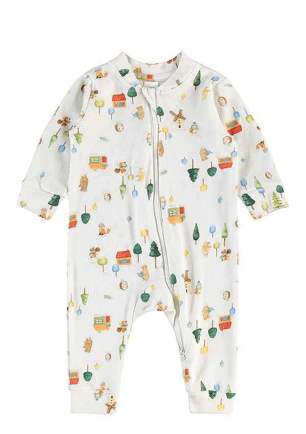 Macacão Manga Longa com Zíper para Bebê em Suedine Offwhite Estampa Bichinhos na Floresta Up Baby