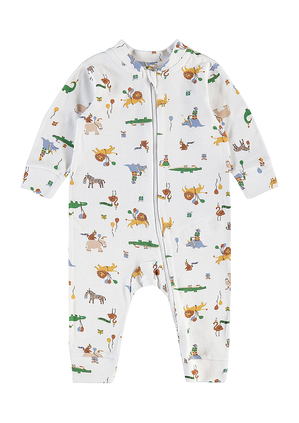 Macacão Manga Longa com Zíper para Bebê em Suedine Offwhite Estampa Bichinhos do Circo Up Baby