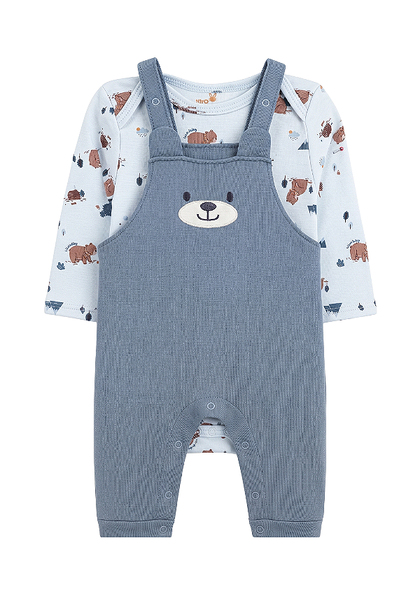 Conjunto Jardineira com Body Manga Longa Ursinhos Azul Kiko Baby