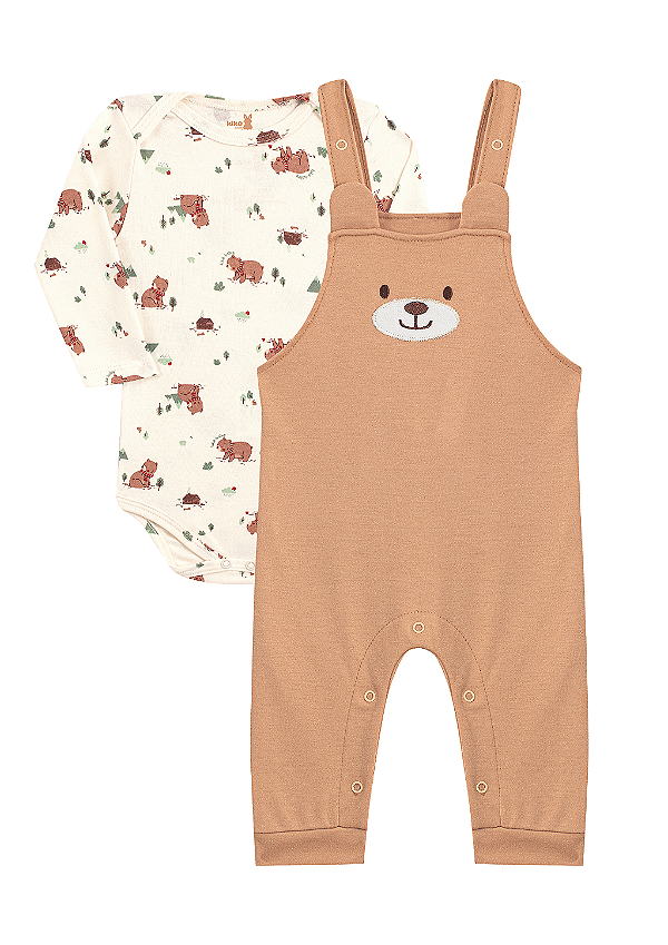 Conjunto Jardineira com Body Manga Longa Ursinhos Bege Kiko Baby