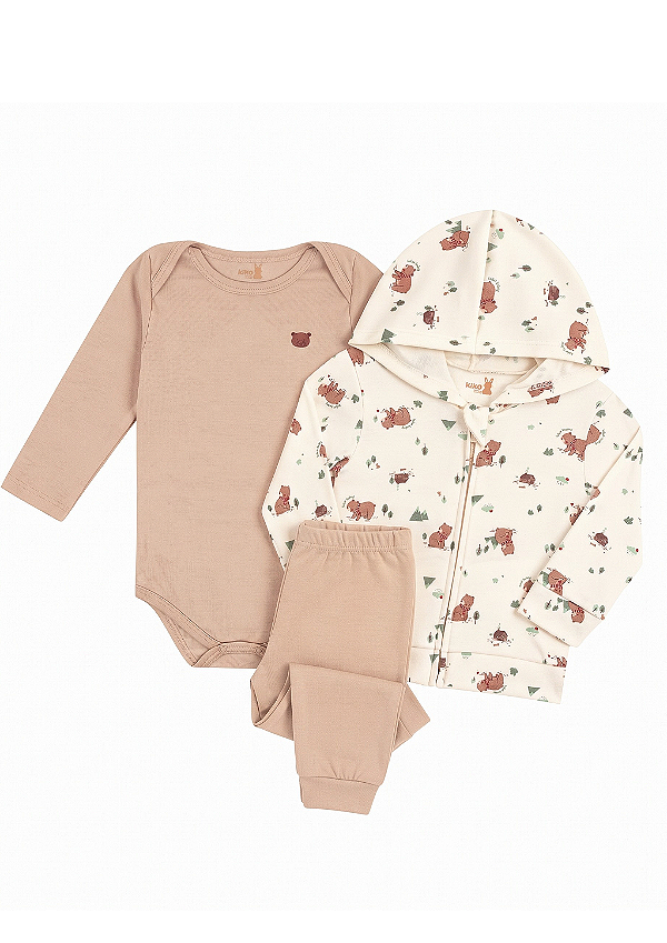 Conjunto Jaqueta Ursinhos Bege com Body Manga Longa e Calça Kiko Baby