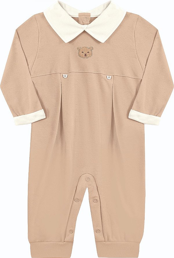Macacão Longo para Bebê Menino Bege com Bordado de Ursinho Kiko Baby
