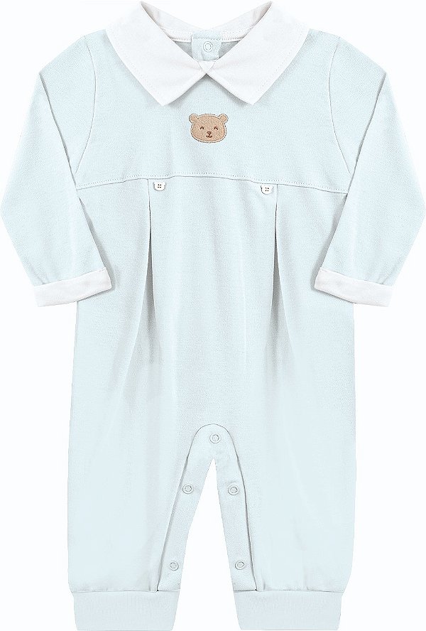 Macacão Longo para Bebê Menino Azul Claro com Bordado de Ursinho Kiko Baby