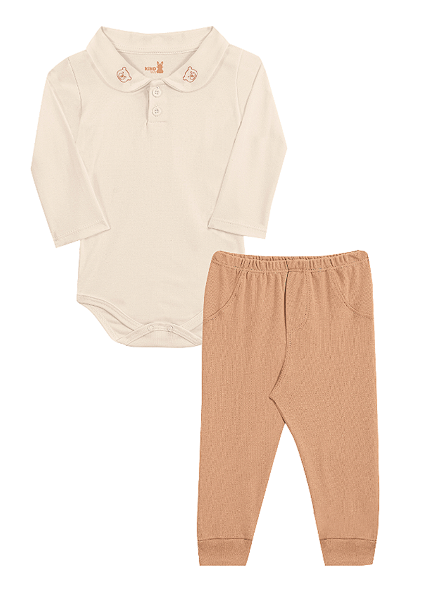 Conjunto para Bebê Menino com Body Bege Bordado Ursinho na Gola e Calça em Suedine Kiko Baby