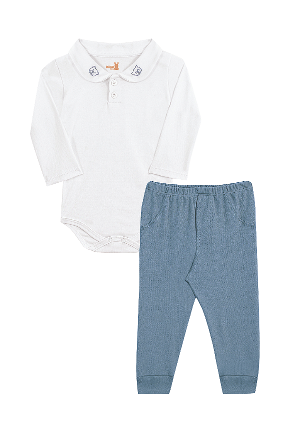 Conjunto para Bebê Menino com Body Branco Bordado Ursinho na Gola e Calça Azul em Suedine Kiko Baby