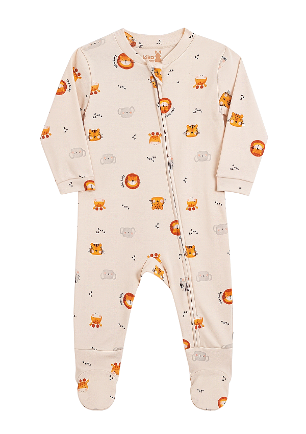 Macacão Longo para Bebê Menino Bege com Zíper Estampado com Bichinhos Kiko Baby