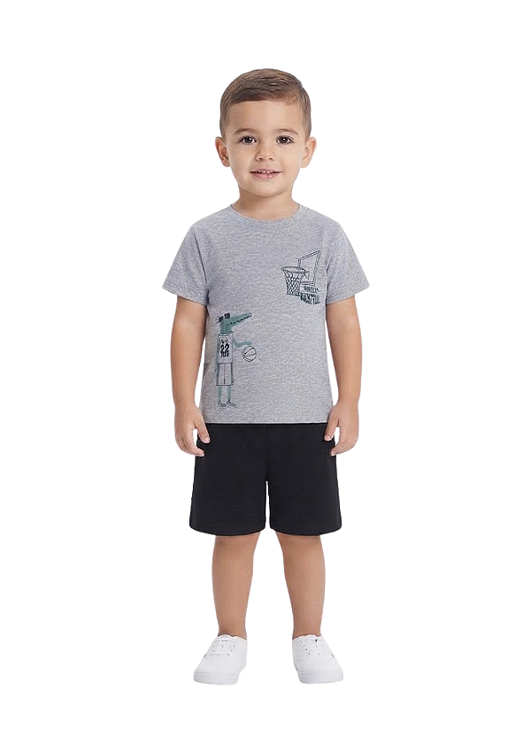 Conjunto Infantil Masculino com Camiseta Cinza Mescla e Bermuda em Moletinho Preta TMX