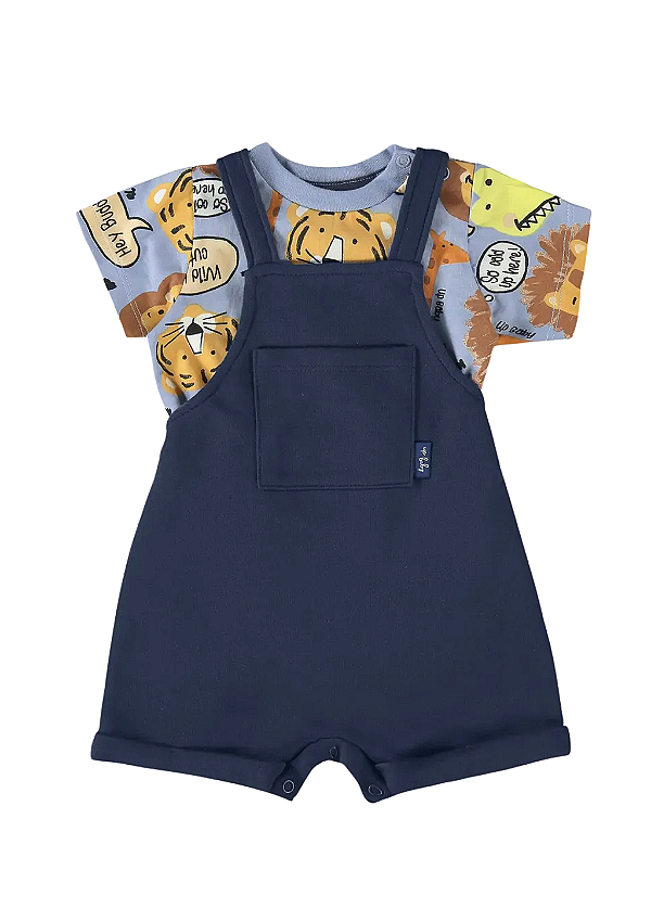 Jardineira Azul Marinho com Body Azul Estampado com Bichinhos do Safari Up Baby