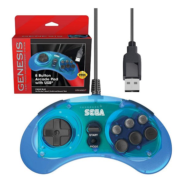 Controle Retro-Bit USB 8-Button Arcade Sega Genesis Mini Azul